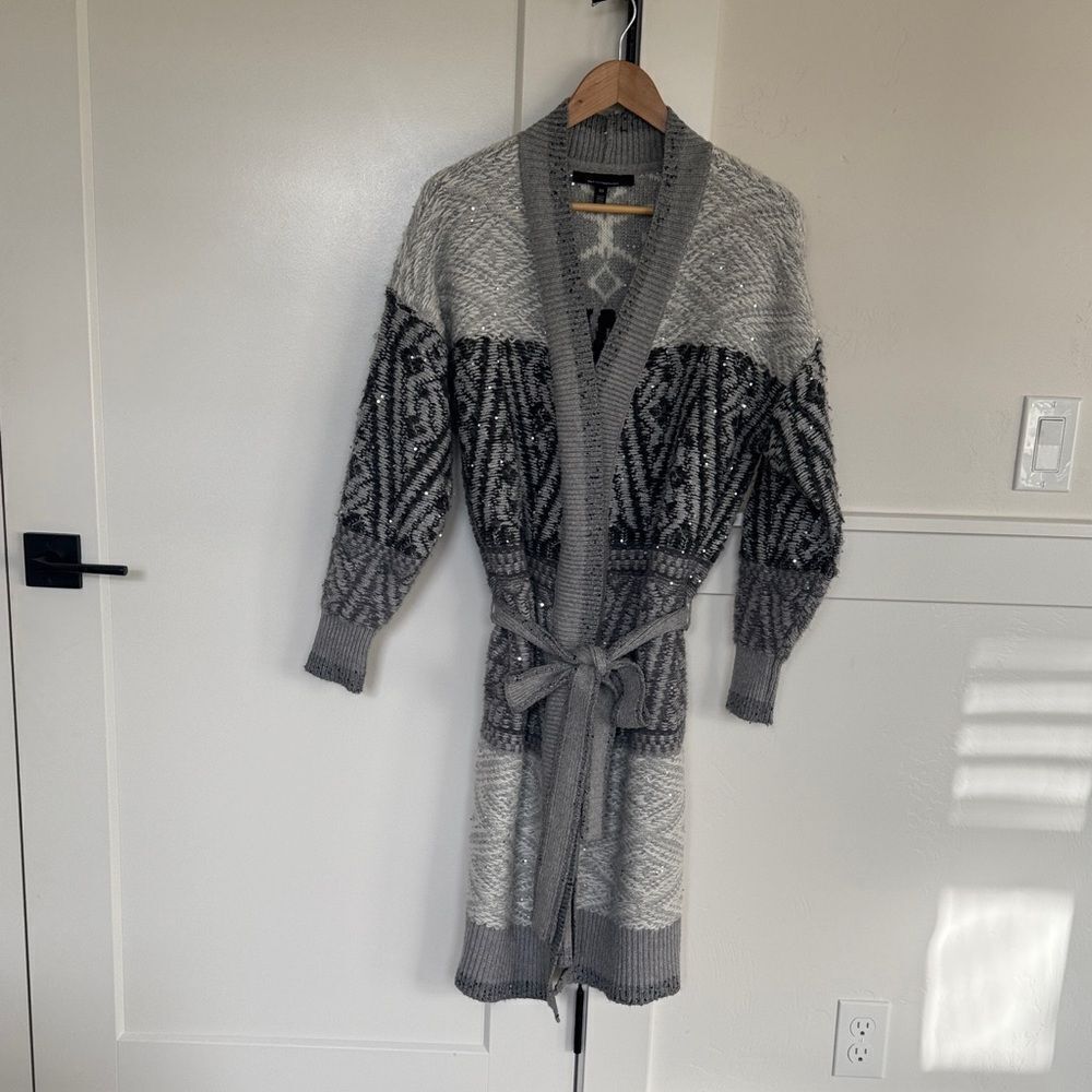 White House Black Market Gray Fairisle Sequin Patterned Cardigan Sweater Size XS